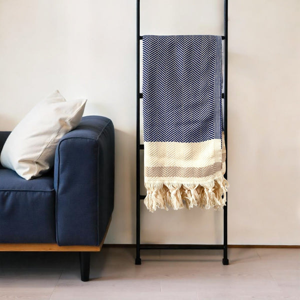 Homeroots 59" X 71" Blue And Beige Cotton Striped Throw Blanket With Tassels  Cotton 521298