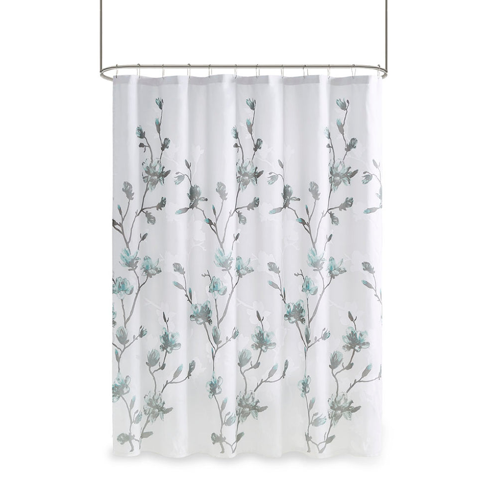 JLA Home Madison Park - Floral Magnolia Burnout Shower Curtain with Attached Microfiber Liner, 72"x72" Aqua Grey Elegance MP70-6421