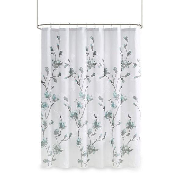 JLA Home Madison Park - Floral Magnolia Burnout Shower Curtain with Attached Microfiber Liner, 72"x72" Aqua Grey Elegance MP70-6421