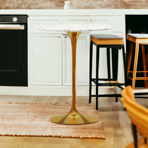 Homeroots 32" White And Gold Rounded Marble And Metal Bar Table   521331