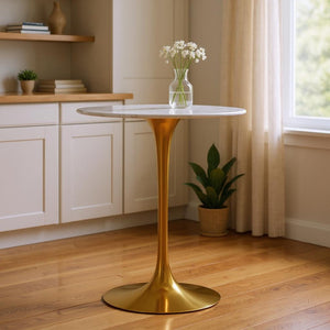 HomeRoots 32" White Marble & Gold Metal Bar Table - Elegant Mid-Century Modern Design for Upscale Spaces 521331