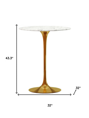 HomeRoots 32" White Marble & Gold Metal Bar Table - Elegant Mid-Century Modern Design for Upscale Spaces 521331