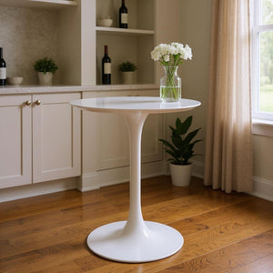 HomeRoots 32" Chic White Fiberglass Round Bar Table with Sturdy Metal Base for Modern Dining Spaces 521332