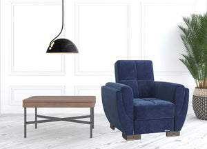 Homeroots 36" Blue Microfiber And Brown Tufted Convertible Chair   521335