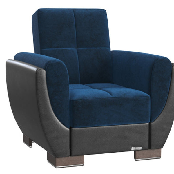 Homeroots 36" Roayl Blue Microfiber And Brown Tufted Convertible Chair   521346