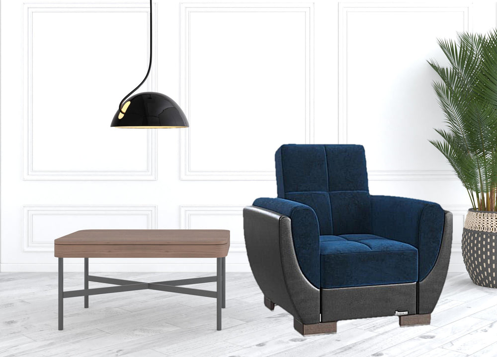 Homeroots 36" Roayl Blue Microfiber And Brown Tufted Convertible Chair   521346