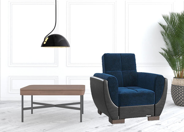 Homeroots 36" Roayl Blue Microfiber And Brown Tufted Convertible Chair   521346