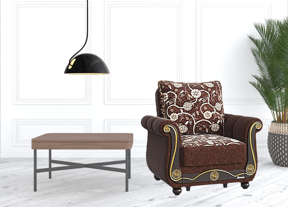 Homeroots 39" Brown Chenille Paisley Convertible Chair   521350