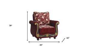 Homeroots 39" Burgundy Fabric And Brown Floral Convertible Armchair   521351