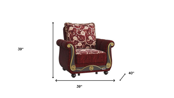 Homeroots 39" Burgundy Fabric And Brown Floral Convertible Armchair   521351