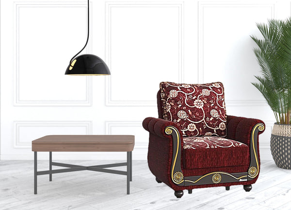 Homeroots 39" Burgundy Fabric And Brown Floral Convertible Armchair   521351