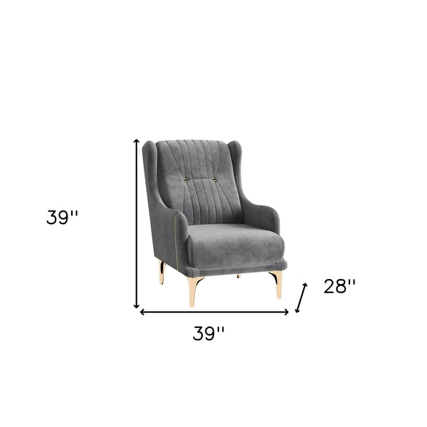Homeroots 39" Gray Velvet And Gold Wingback Chair   521354