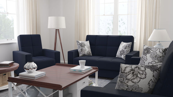 Homeroots 36" Dark Blue Fabric And Brown Tufted Convertible Chair   521356