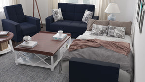 Homeroots 36" Dark Blue Fabric And Brown Tufted Convertible Chair   521356