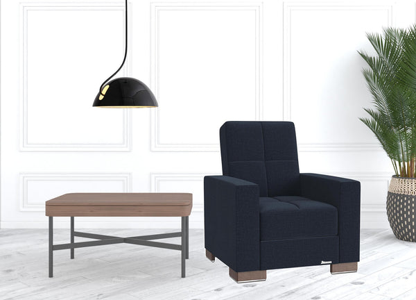 Homeroots 36" Dark Blue Fabric And Brown Tufted Convertible Chair   521356