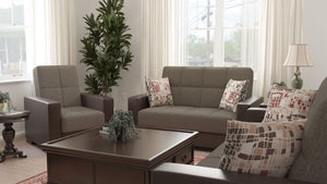 Homeroots 36" Brown Tufted Fabric And Faux Leather Convertible Chair   521358