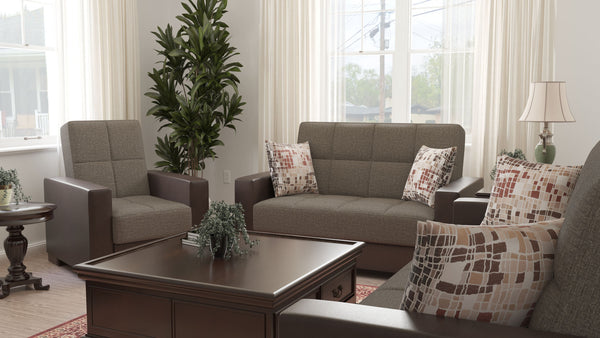 Homeroots 36" Brown Tufted Fabric And Faux Leather Convertible Chair   521358