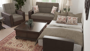 Homeroots 36" Brown Tufted Fabric And Faux Leather Convertible Chair   521358