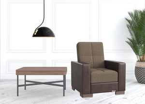 Homeroots 36" Brown Tufted Fabric And Faux Leather Convertible Chair   521358