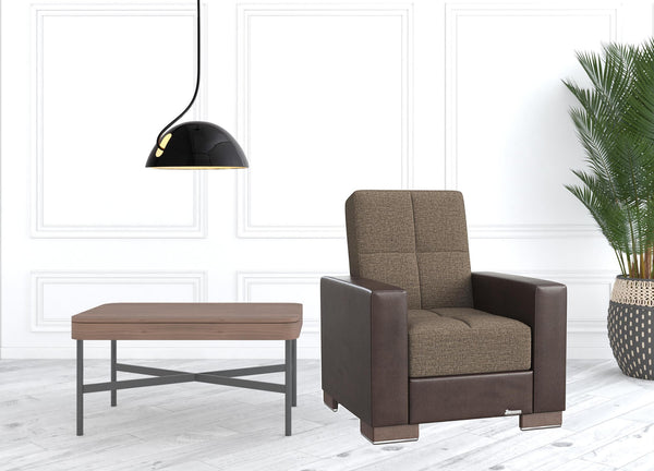 Homeroots 36" Brown Tufted Fabric And Faux Leather Convertible Chair   521358