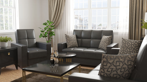 Homeroots 36" Black Faux Leather And Brown Tufted Convertible Chair   521359