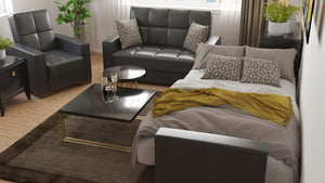 Homeroots 36" Black Faux Leather And Brown Tufted Convertible Chair   521359