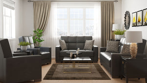 Homeroots 36" Black Faux Leather And Brown Tufted Convertible Chair   521359