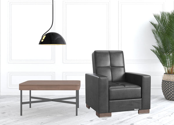 Homeroots 36" Black Faux Leather And Brown Tufted Convertible Chair   521359