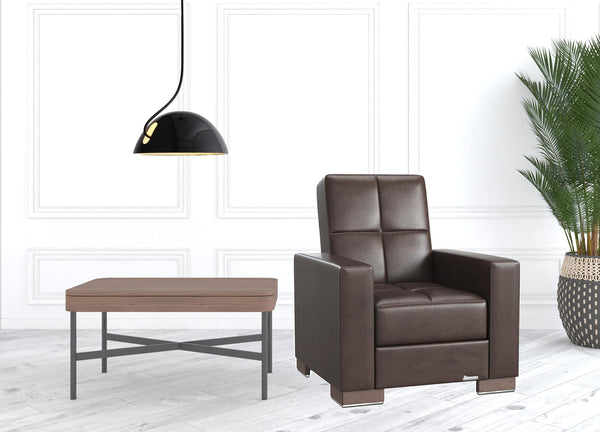 Homeroots 36" Brown Faux Leather Tufted Convertible Chair   521360