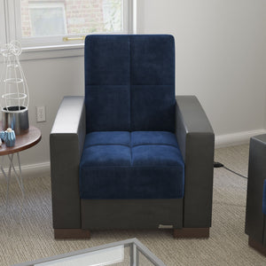 Homeroots 36" Blue Velvet And Brown Tufted Convertible Chair   521361