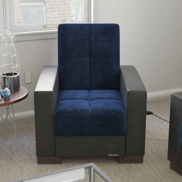 Homeroots 36" Blue Velvet And Brown Tufted Convertible Chair   521361