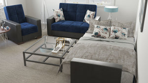 Homeroots 36" Blue Velvet And Brown Tufted Convertible Chair   521361