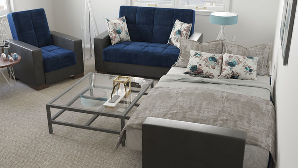 Homeroots 36" Blue Velvet And Brown Tufted Convertible Chair   521361