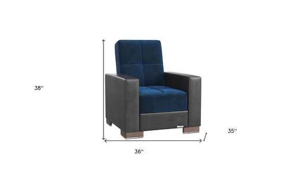 Homeroots 36" Blue Velvet And Brown Tufted Convertible Chair   521361