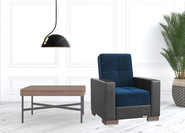 Homeroots 36" Blue Velvet And Brown Tufted Convertible Chair   521361