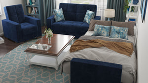 Homeroots 36" Blue Microfiber And Brown Tufted Convertible Chair   521365