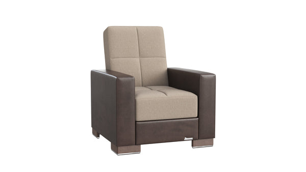 Homeroots 36" Beige Tufted Fabric And Brown Faux Leather Convertible Chair   521369