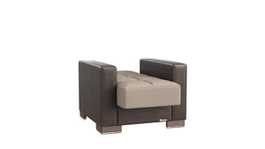 Homeroots 36" Beige Tufted Fabric And Brown Faux Leather Convertible Chair   521369