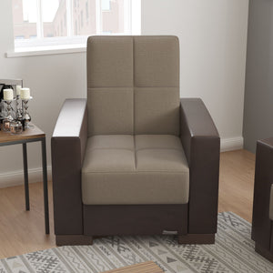 Homeroots 36" Beige Tufted Fabric And Brown Faux Leather Convertible Chair   521369