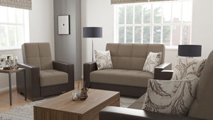 Homeroots 36" Beige Tufted Fabric And Brown Faux Leather Convertible Chair   521369