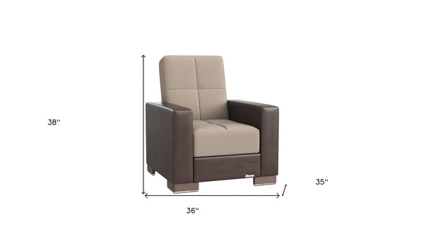 Homeroots 36" Beige Tufted Fabric And Brown Faux Leather Convertible Chair   521369