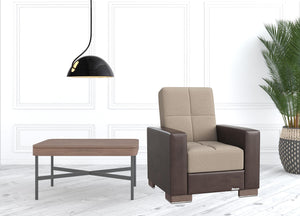 Homeroots 36" Beige Tufted Fabric And Brown Faux Leather Convertible Chair   521369