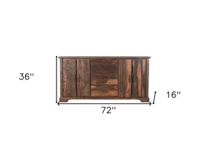 HomeRoots 72" Dark Brown Solid Wood Live Edge Sideboard - Mid-Century Modern Three Drawer Storage Solution 521371