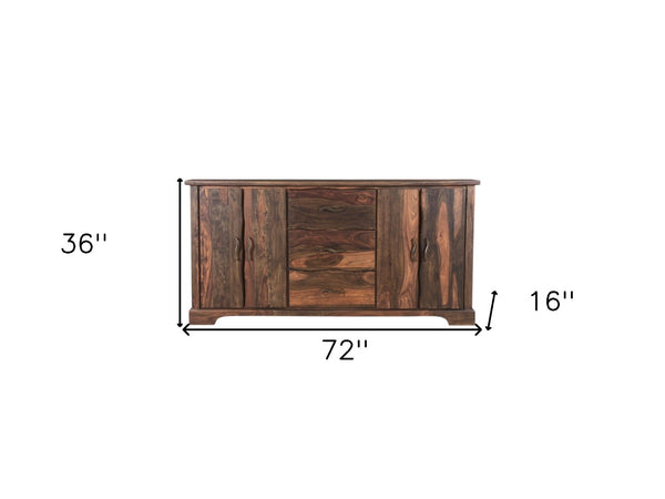 HomeRoots 72" Dark Brown Solid Wood Live Edge Sideboard - Mid-Century Modern Three Drawer Storage Solution 521371
