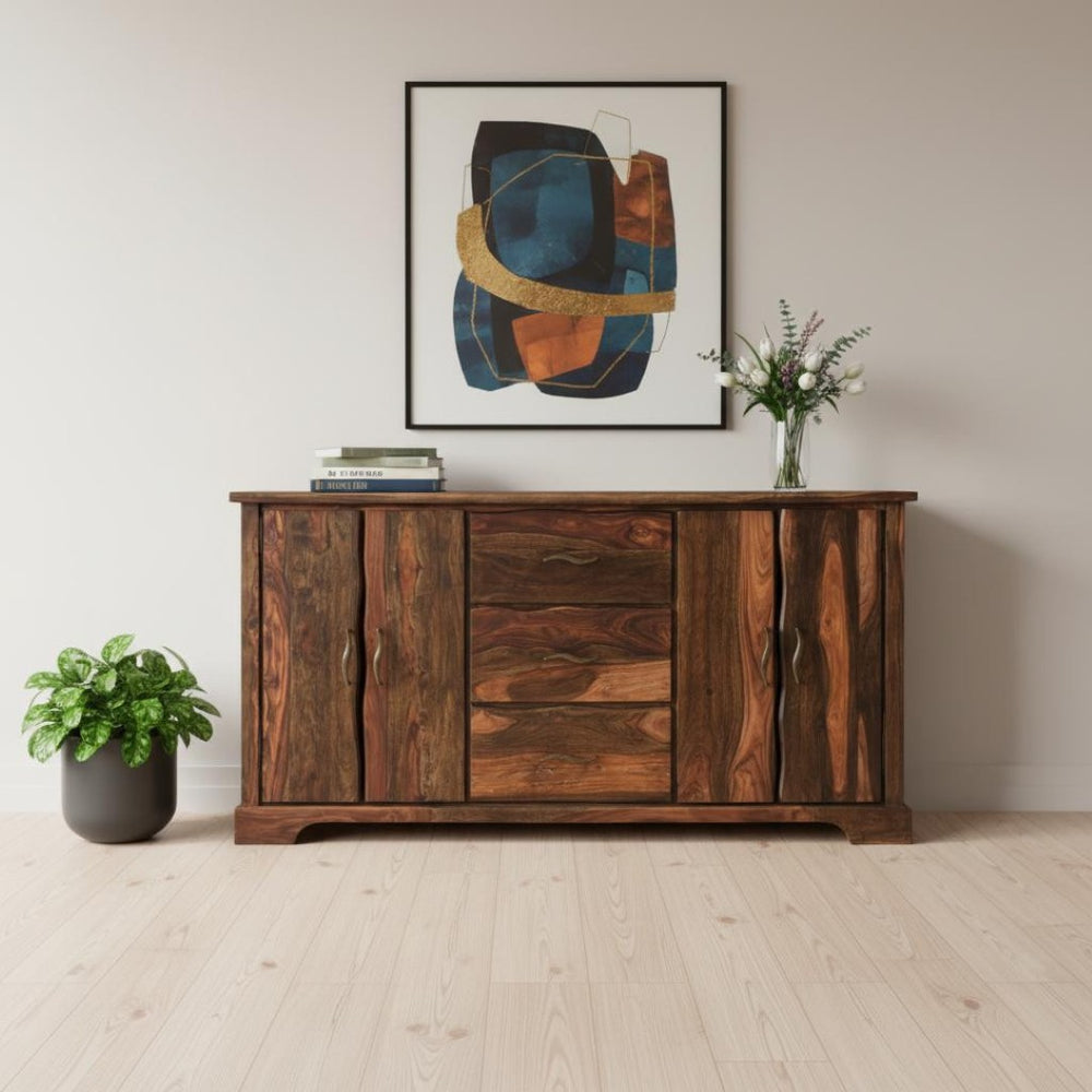 HomeRoots 72" Dark Brown Solid Wood Live Edge Sideboard - Mid-Century Modern Three Drawer Storage Solution 521371