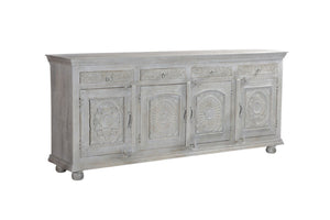HomeRoots 102" Gray Distressed Solid Wood Sideboard - Elegant Four Drawer Storage with Floral Carvings & Doors 521375