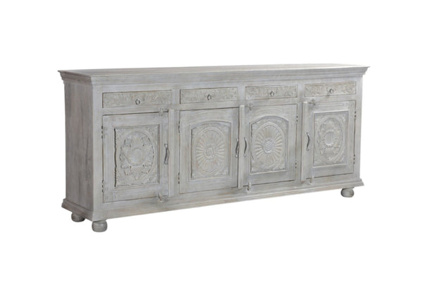 HomeRoots 102" Gray Distressed Solid Wood Sideboard - Elegant Four Drawer Storage with Floral Carvings & Doors 521375