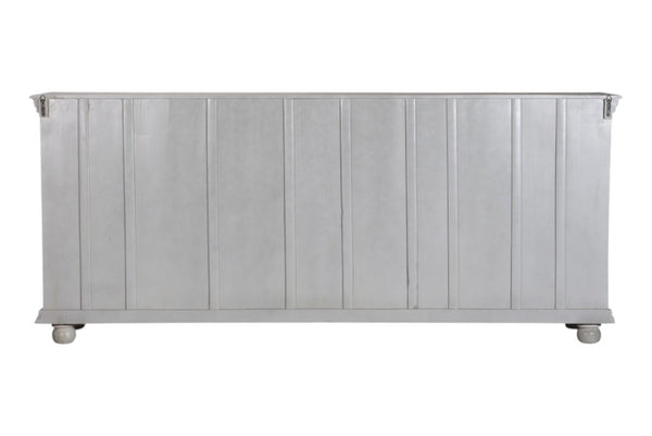 HomeRoots 102" Gray Distressed Solid Wood Sideboard - Elegant Four Drawer Storage with Floral Carvings & Doors 521375