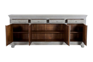 HomeRoots 102" Gray Distressed Solid Wood Sideboard - Elegant Four Drawer Storage with Floral Carvings & Doors 521375