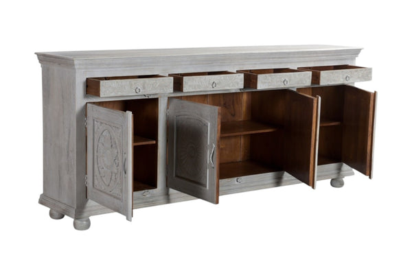 HomeRoots 102" Gray Distressed Solid Wood Sideboard - Elegant Four Drawer Storage with Floral Carvings & Doors 521375